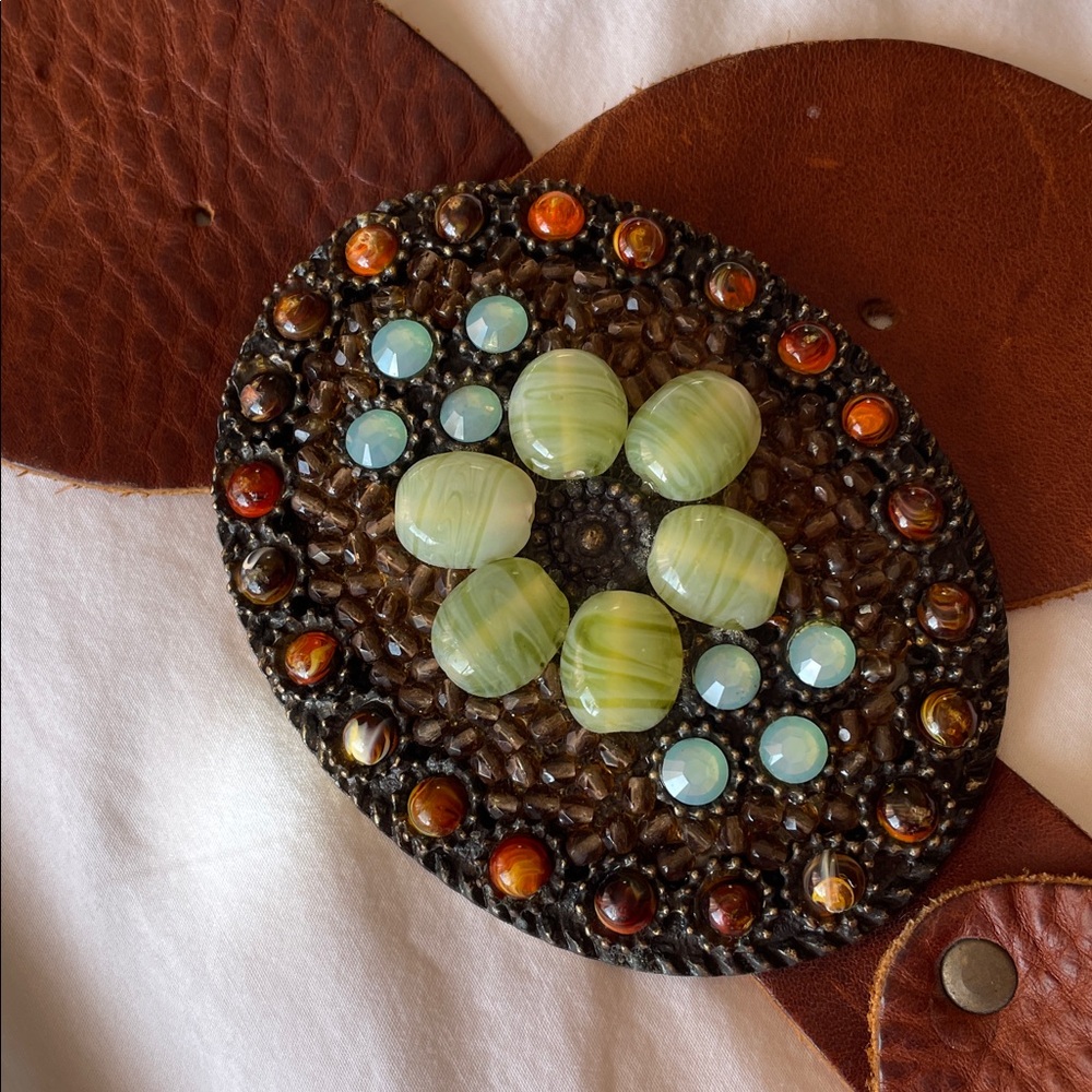 VTG.Leatherock USA Brown Leather  Western Rhinestones Buckle Belt
